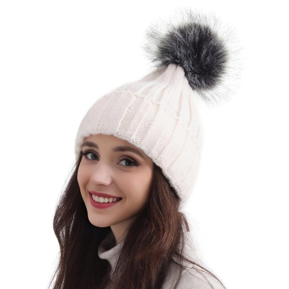 2951 Faux Fox Fur Pompom Hat Winter Wear Off-White Beanie Warm Winter Hats